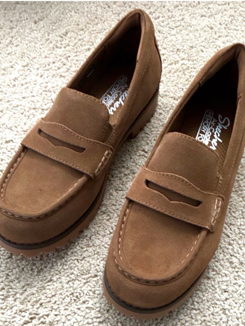 Skechers Women’s Tan Suede Air Cooled Memory Foam Penny Loafers —Slip-On